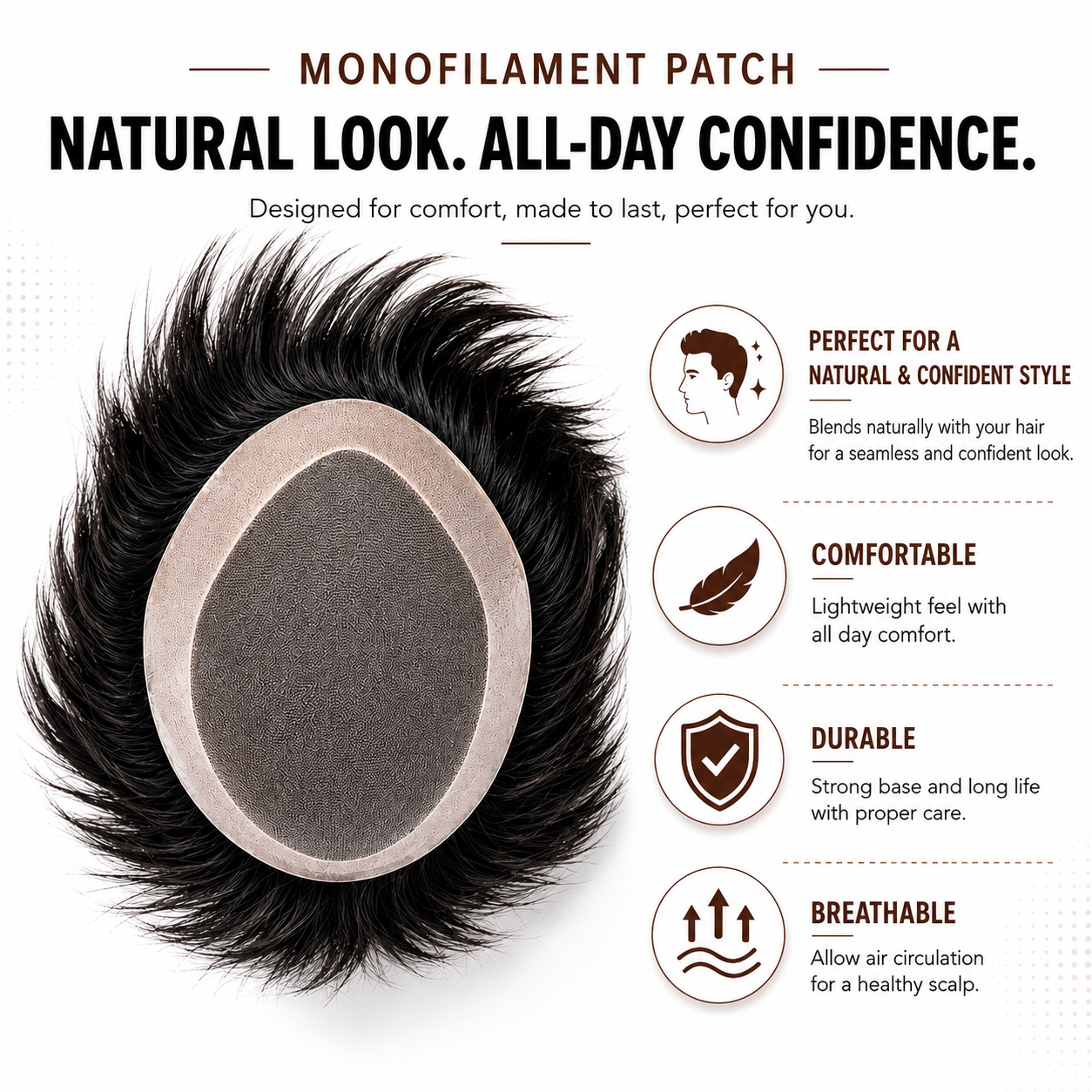 Natural Monofilament Hair Patch | Breathable Human Hair Wig for Men | Hair Wig House