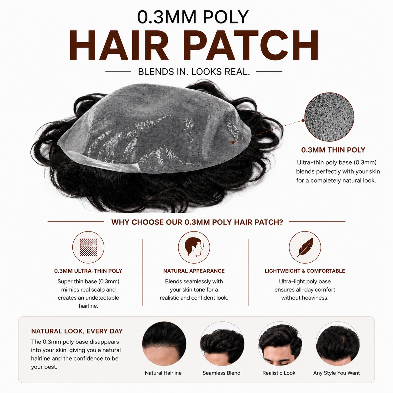 Ultra Thin Poly Hair Patch for Men | Natural Human Hair Toupee | Invisible Skin Base Hair Replacement System