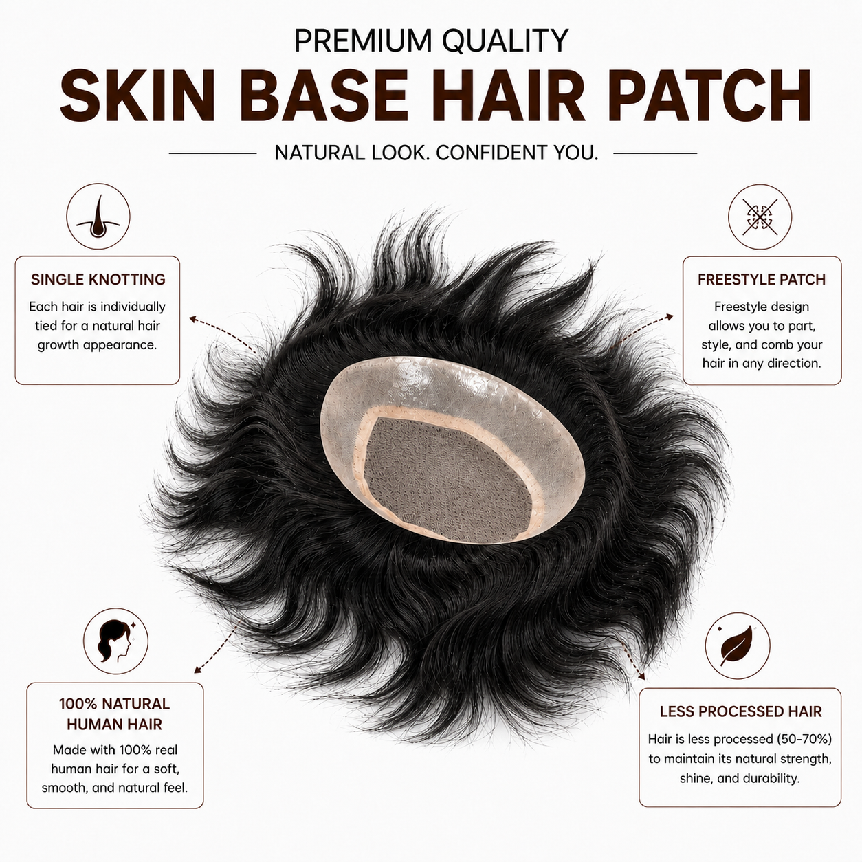 Premium Skin Base Hair Patch for Men | 100% Human Hair | Invisible Scalp Look | Freestyle Non-Surgical Hair Replacement Toupee