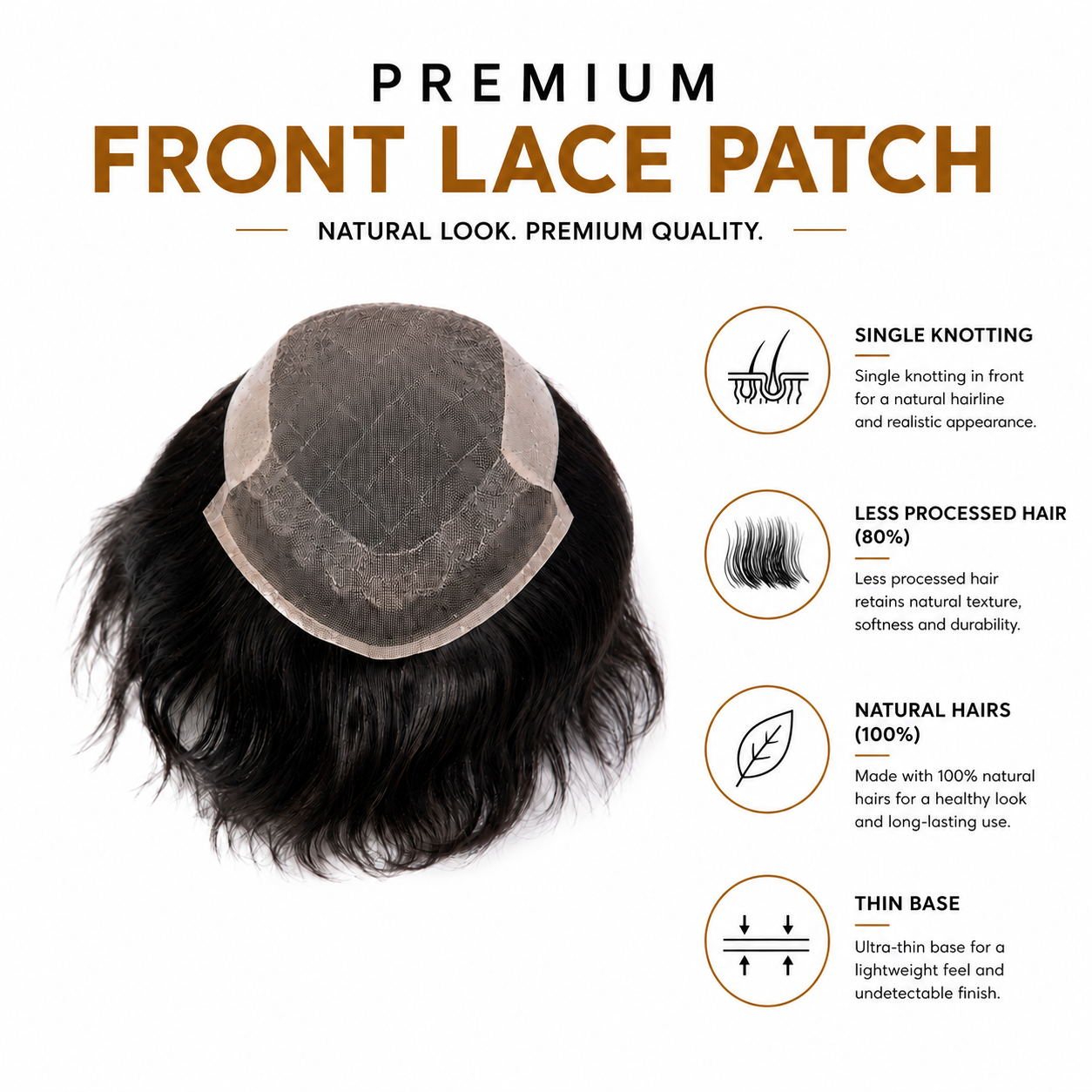 Men's Premium Front Lace Hair Patch | 100% Human Hair | Undetectable Front Hairline | Breathable Lace Patch