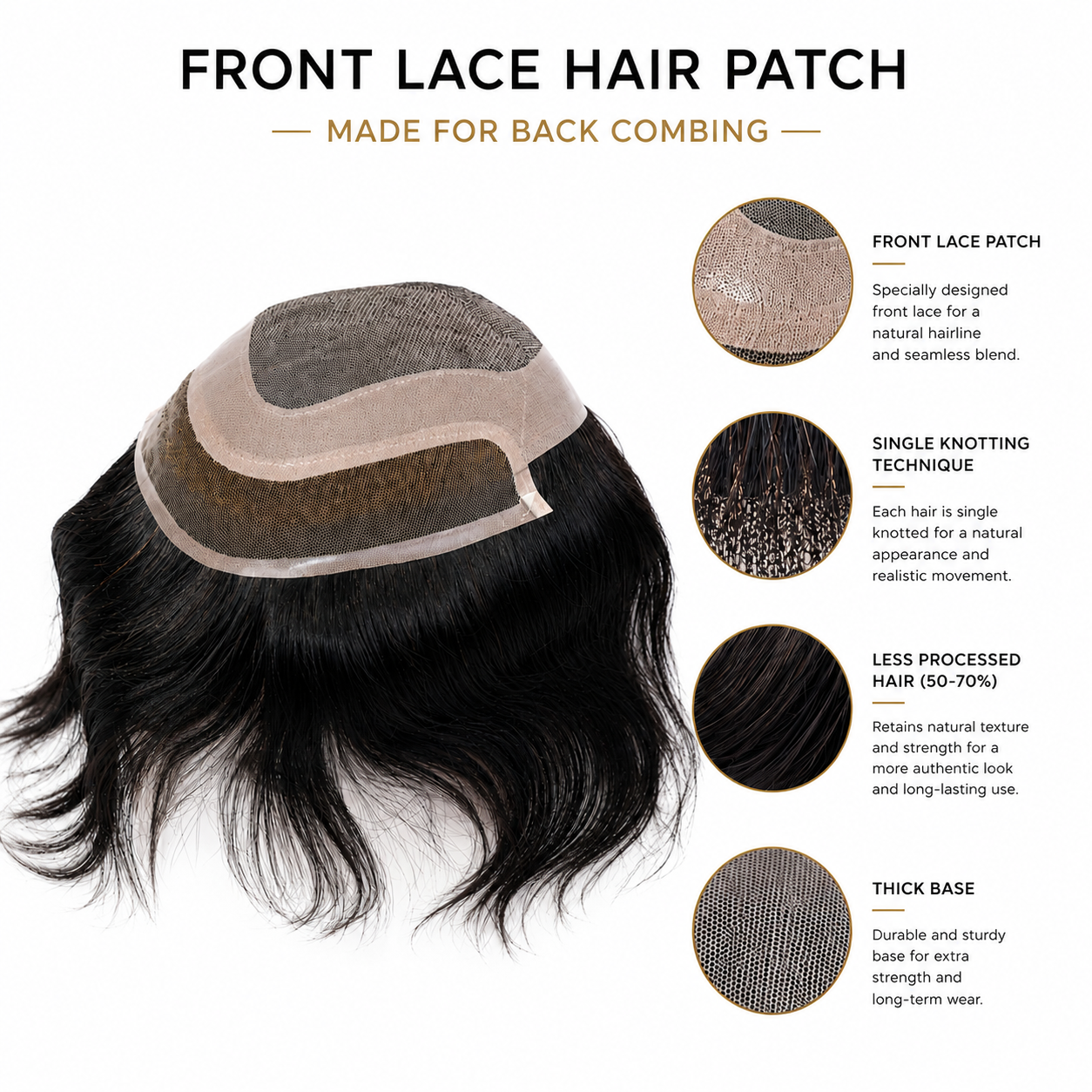 Men's Front Lace Hair Patch | Natural Human Hair Replacement System with Breathable Lace Front