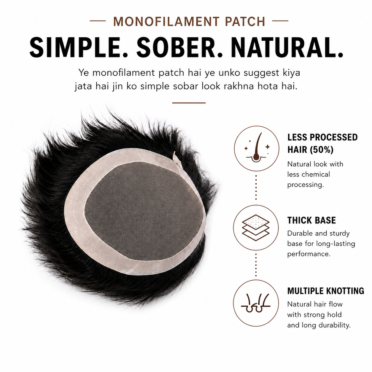 Natural Monofilament Hair Patch | Breathable Human Hair Wig for Men | Hair Wig House