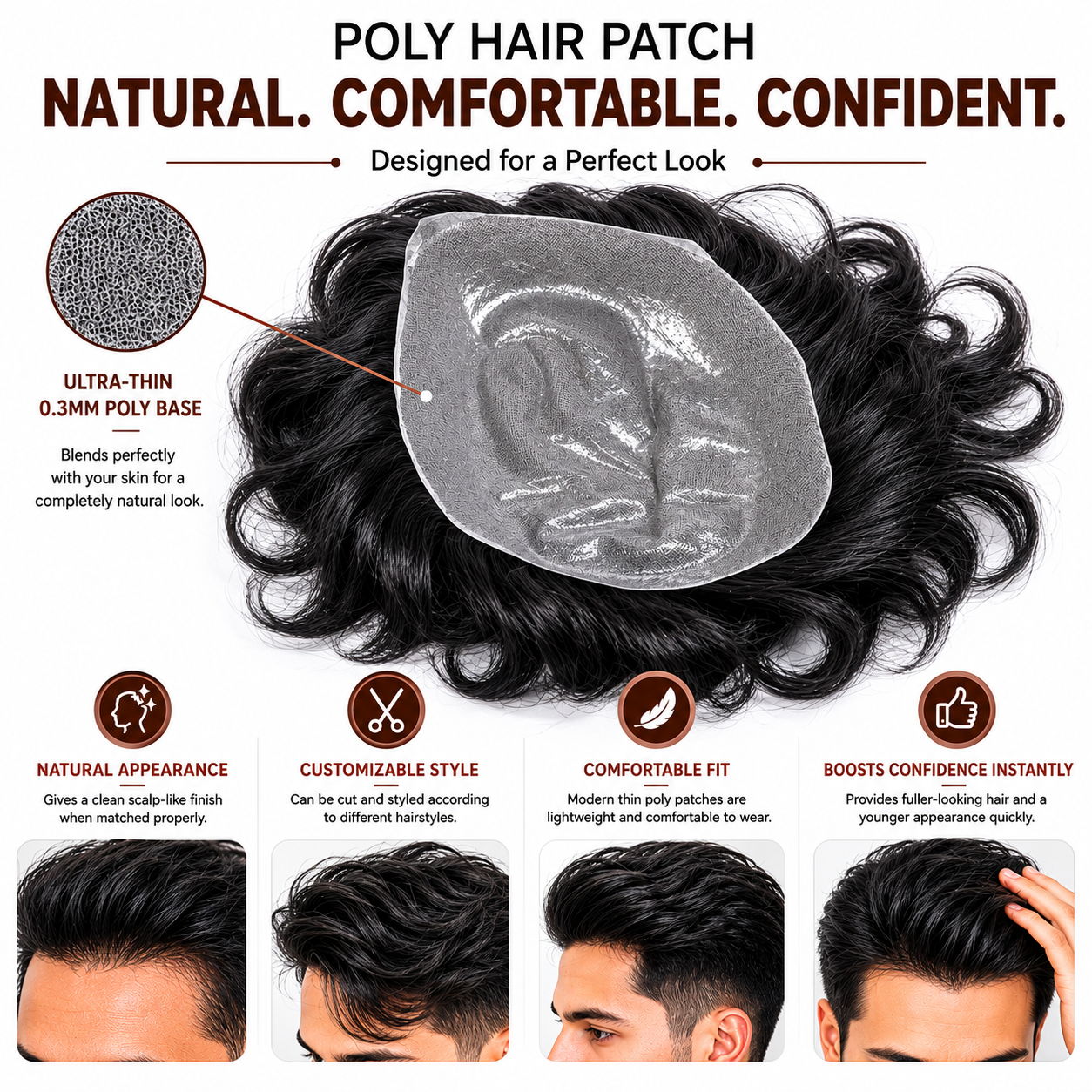 Ultra Thin Poly Hair Patch for Men | Natural Human Hair Toupee | Invisible Skin Base Hair Replacement System