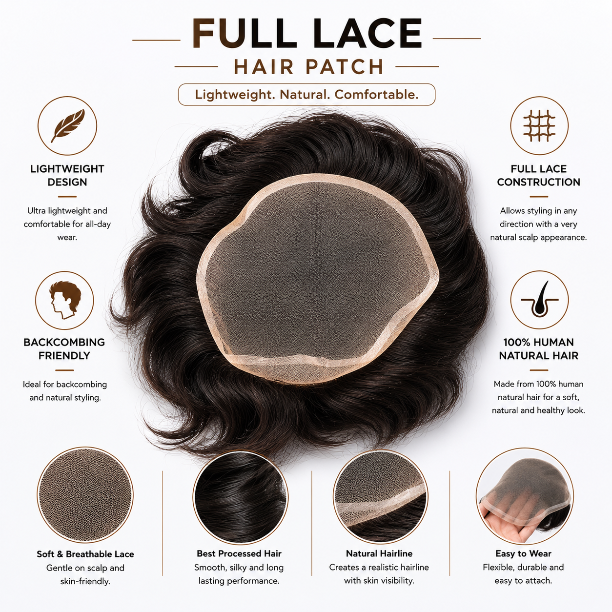Men's Full Lace Hair Patch | Premium Human Hair Wig | Lightweight, Breathable & Easy to Style