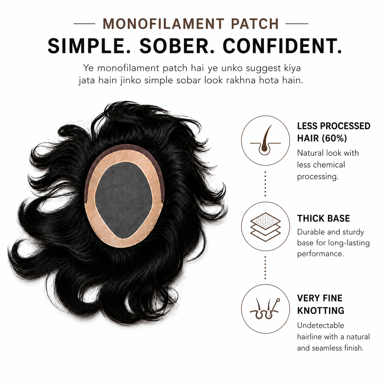 Natural Monofilament Hair Patch | Lightweight Men's Hair Replacement Wig with Durable Base