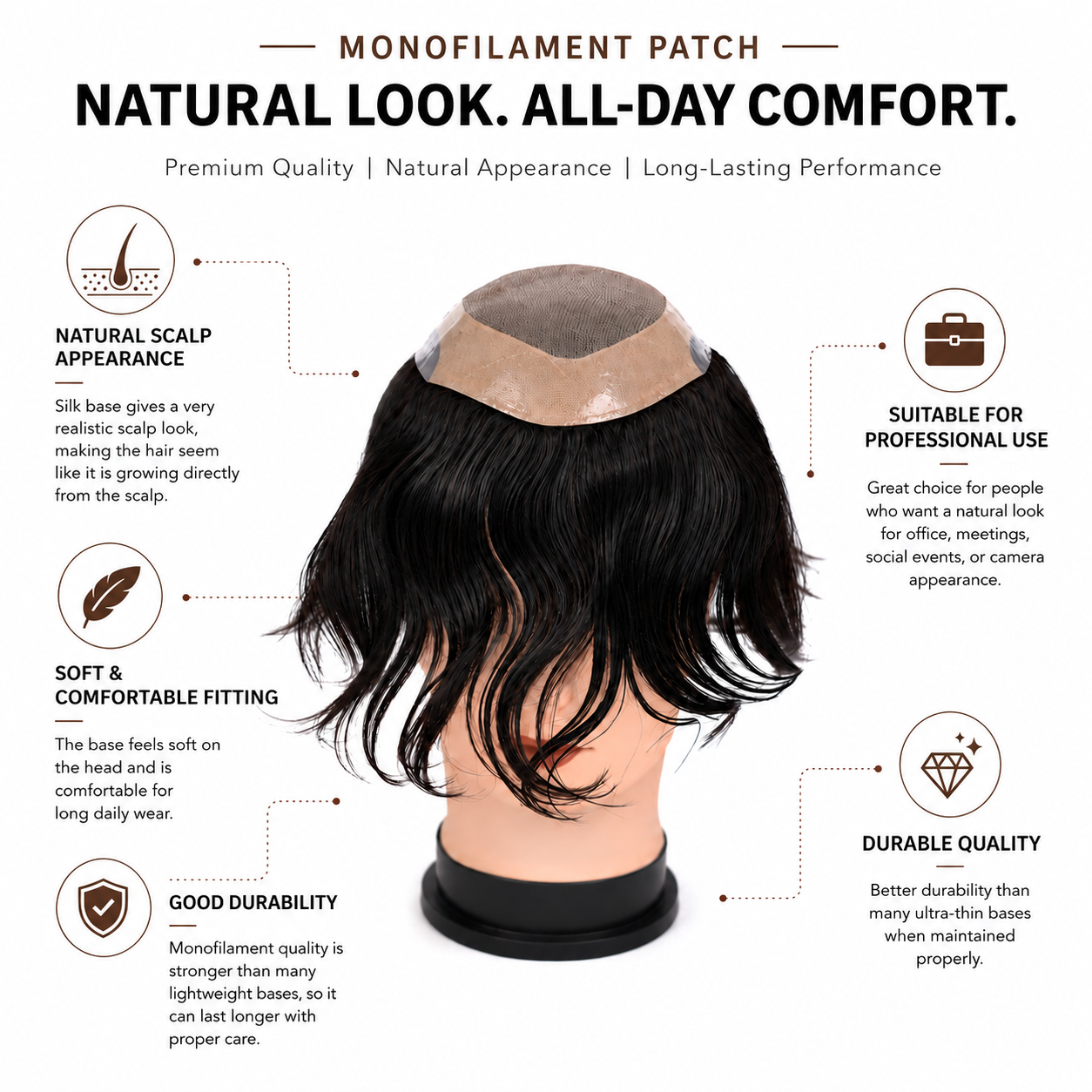 Natural Monofilament Hair Patch | Lightweight Men's Hair Replacement Wig with Durable Base