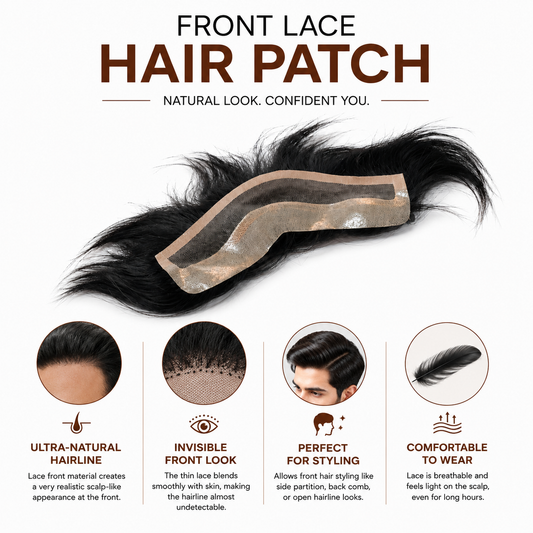 Premium Front Lace Hair Patch for Men | 100% Human Hair Invisible Hairline Hair System | Natural Looking Breathable Lace Toupee | Hair Wig House