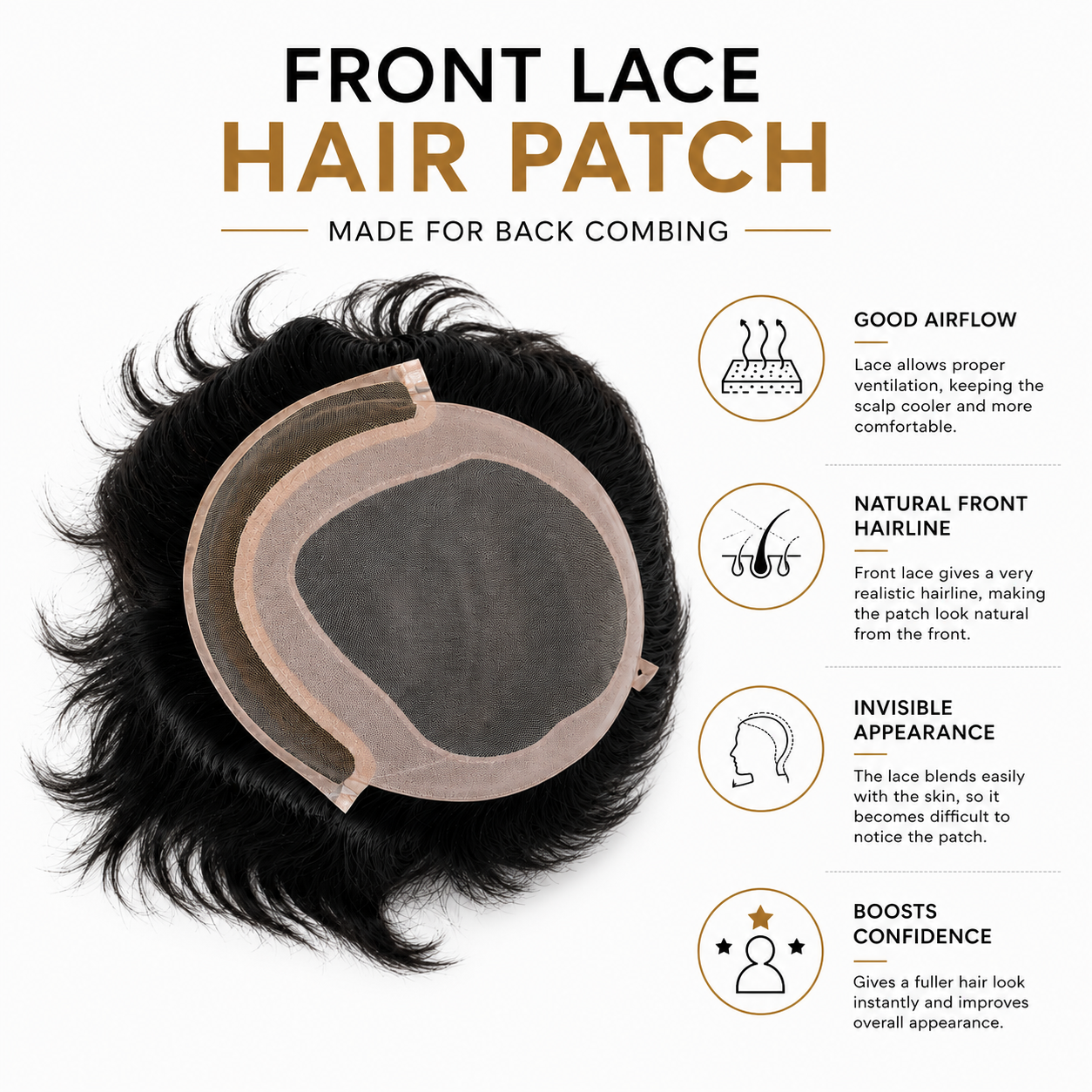 Men's Front Lace Hair Patch | Natural Human Hair Replacement System with Breathable Lace Front