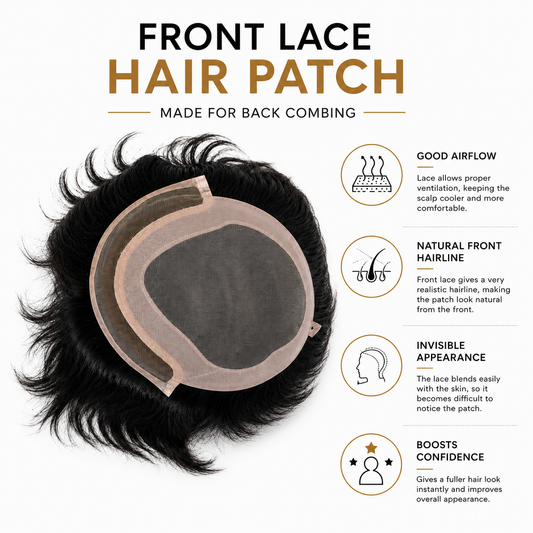 Men's Front Lace Hair Patch | Natural Human Hair Replacement System with Breathable Lace Front