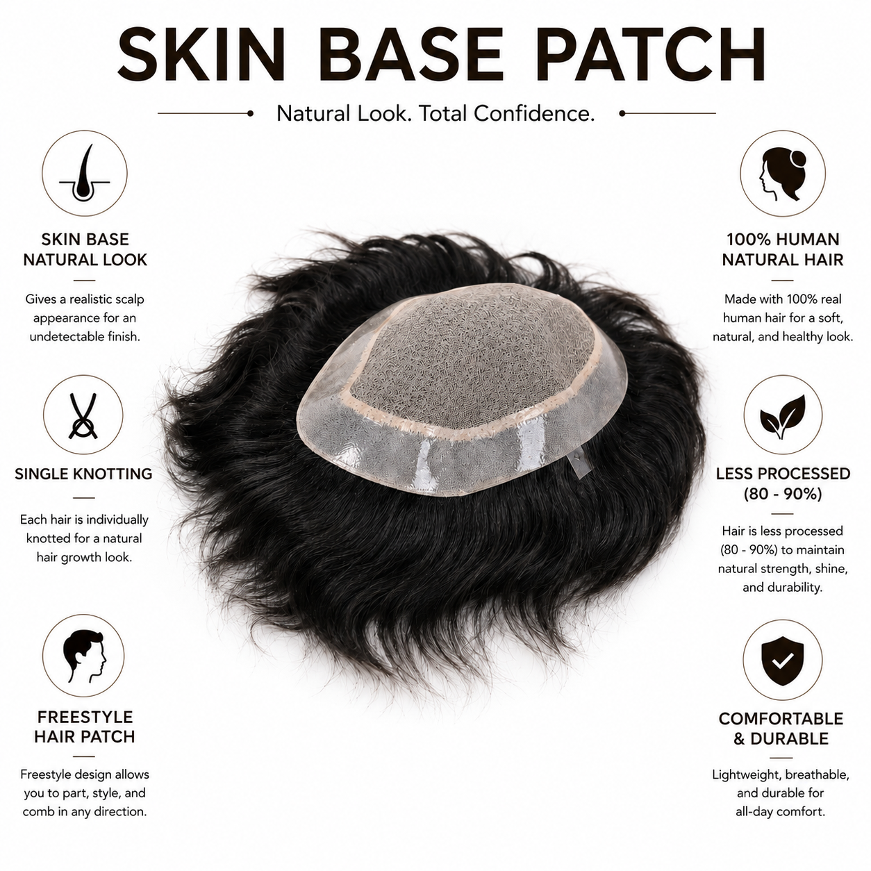 Men's Premium Skin Base Hair Patch for Men | 100% Human Hair | Single Knotting | Natural Scalp Look | Freestyle Styling | Lightweight & Breathable Hair System