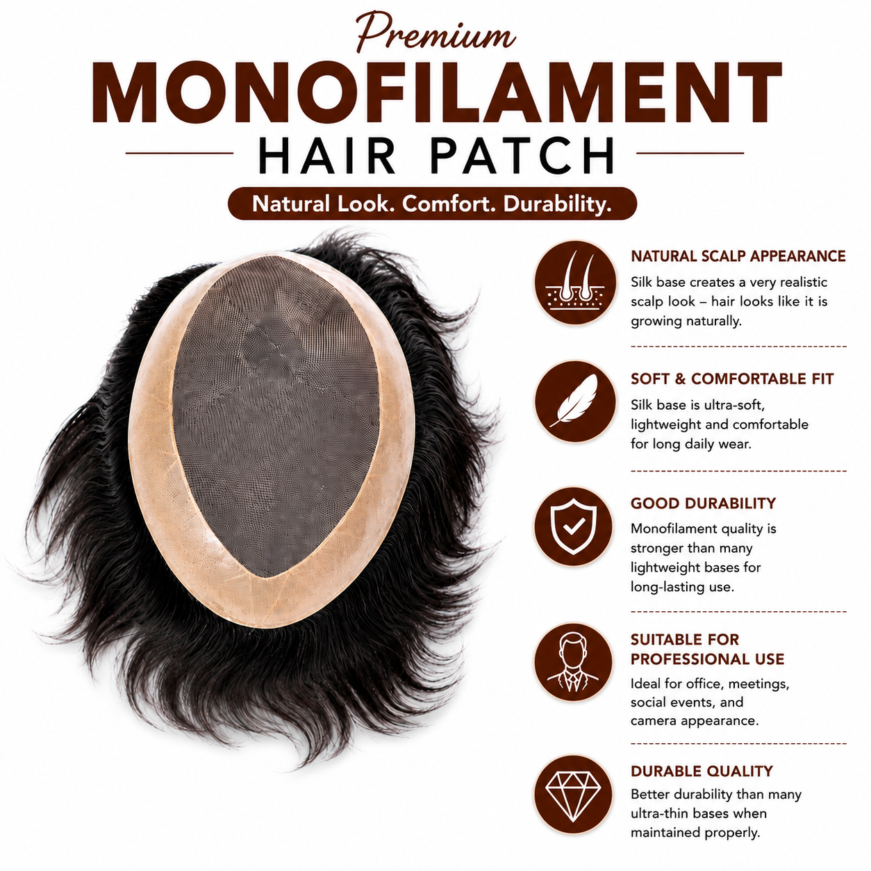 Natural Human Hair Toupee | Breathable Monofilament Base | Durable Non-Surgical Hair Replacement System | Hair Wig House