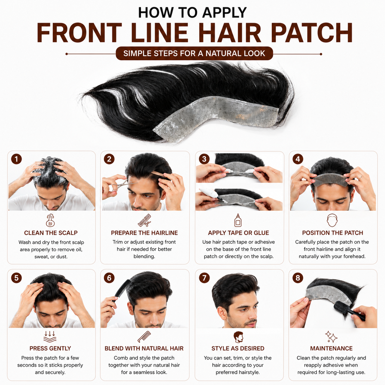 Frontal Hair Patch for Men | 100% Human Hair | Realistic Front Hairline for Receding Hairline