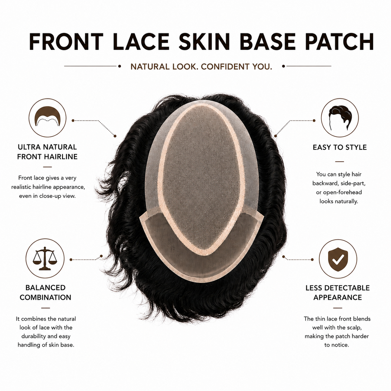 Front Lace Skin Base Hair Patch for Men | 100% Human Hair Toupee | Natural Hairline | Breathable & Undetectable Hair System