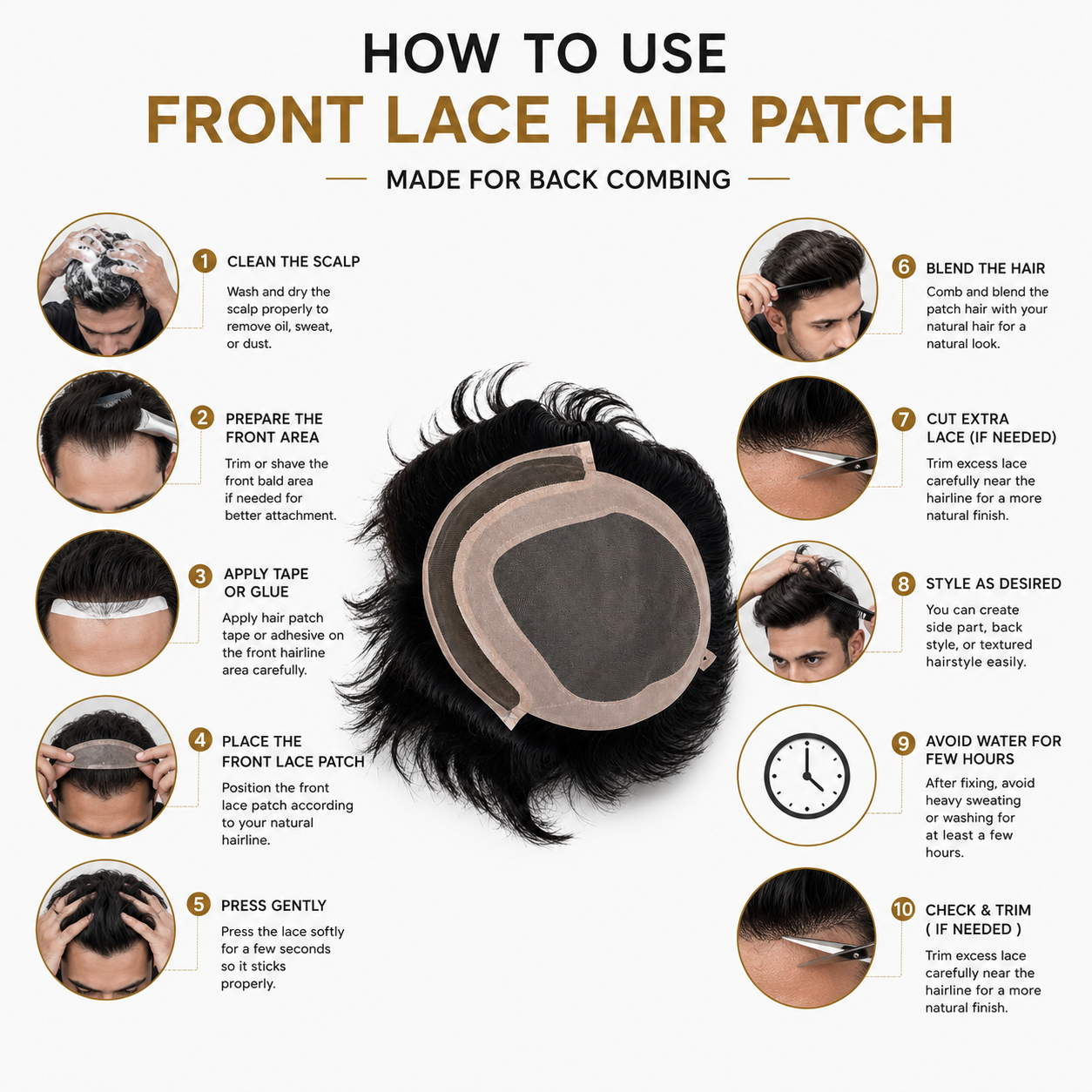 Men's Front Lace Hair Patch | Natural Human Hair Replacement System with Breathable Lace Front