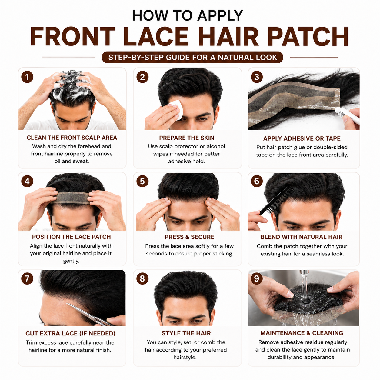 Premium Front Lace Hair Patch for Men | 100% Human Hair Invisible Hairline Hair System | Natural Looking Breathable Lace Toupee | Hair Wig House