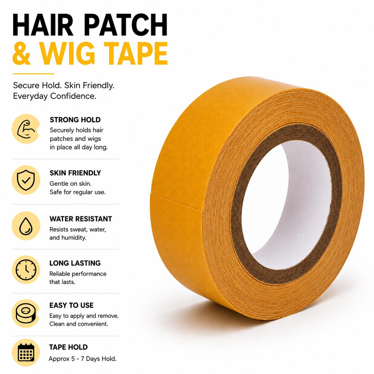 Yellow Cotton Double-Sided Hair Patch Tape | Skin-Friendly Adhesive Tape for Wigs & Patch | Easy to Apply & Remove