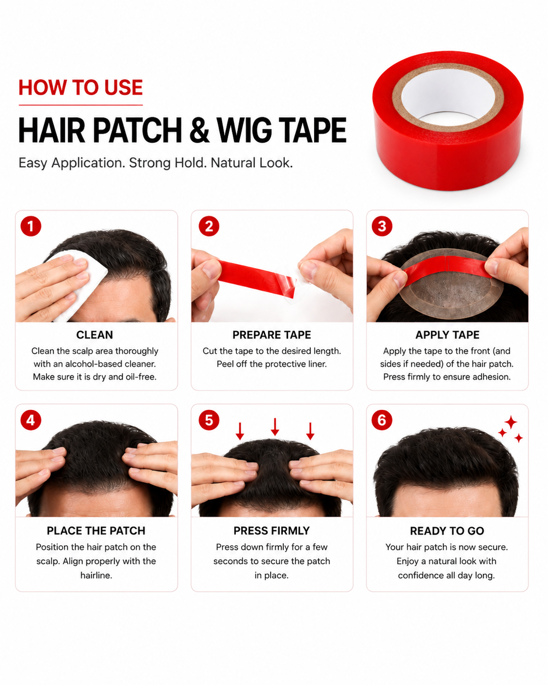 Red Tape Hair Patch & Hair Wig | Strong Hold, Waterproof, Skin-Friendly Double-Sided Adhesive Tape for Hair Systems & Wigs | Hair Wig House
