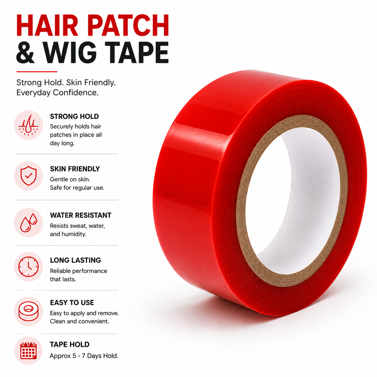Red Tape Hair Patch & Hair Wig | Strong Hold, Waterproof, Skin-Friendly Double-Sided Adhesive Tape for Hair Systems & Wigs | Hair Wig House