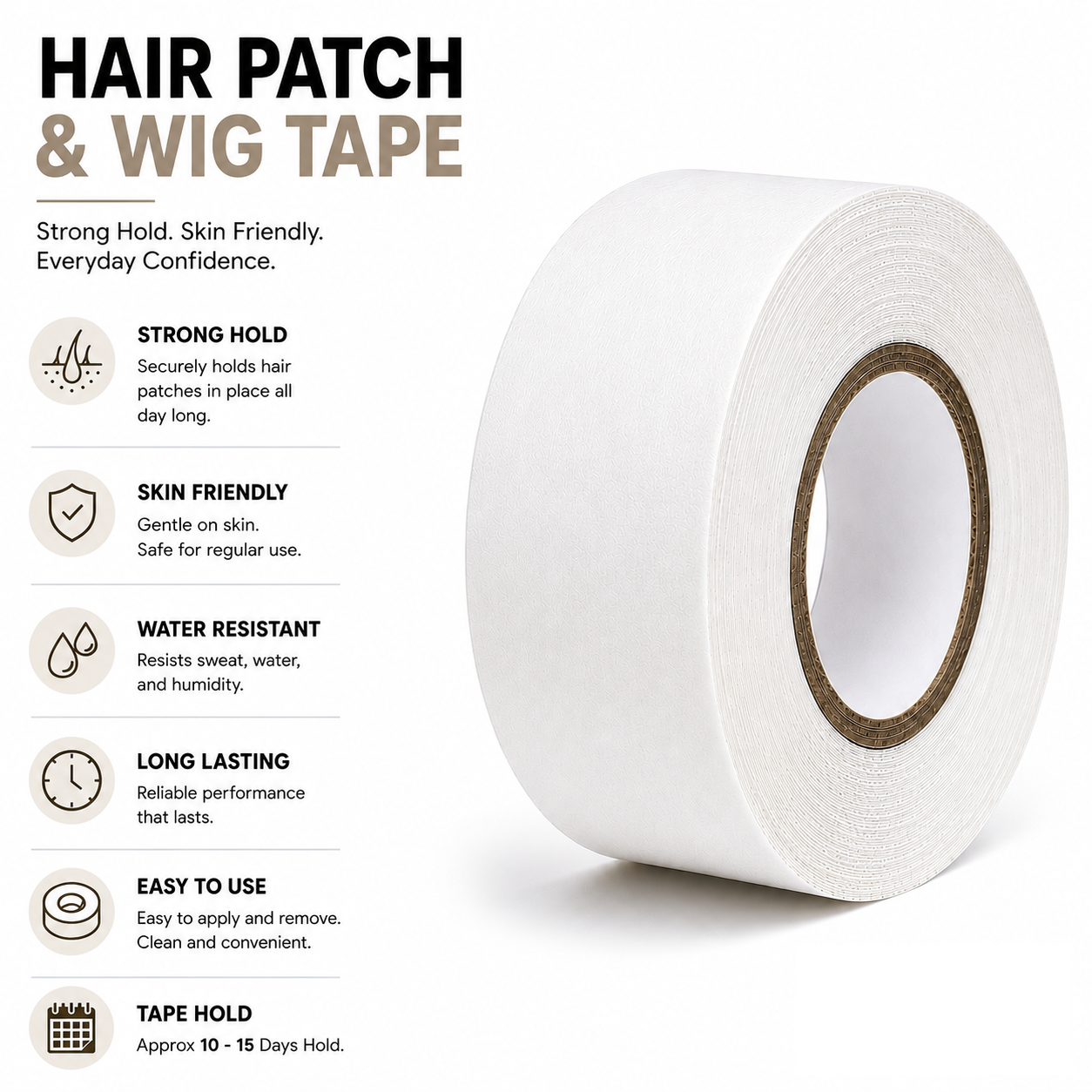 No Shine White Hair Patch & Wig Tape | 10–15 Days Strong Hold | Double-Sided Adhesive | Waterproof | Skin-Friendly