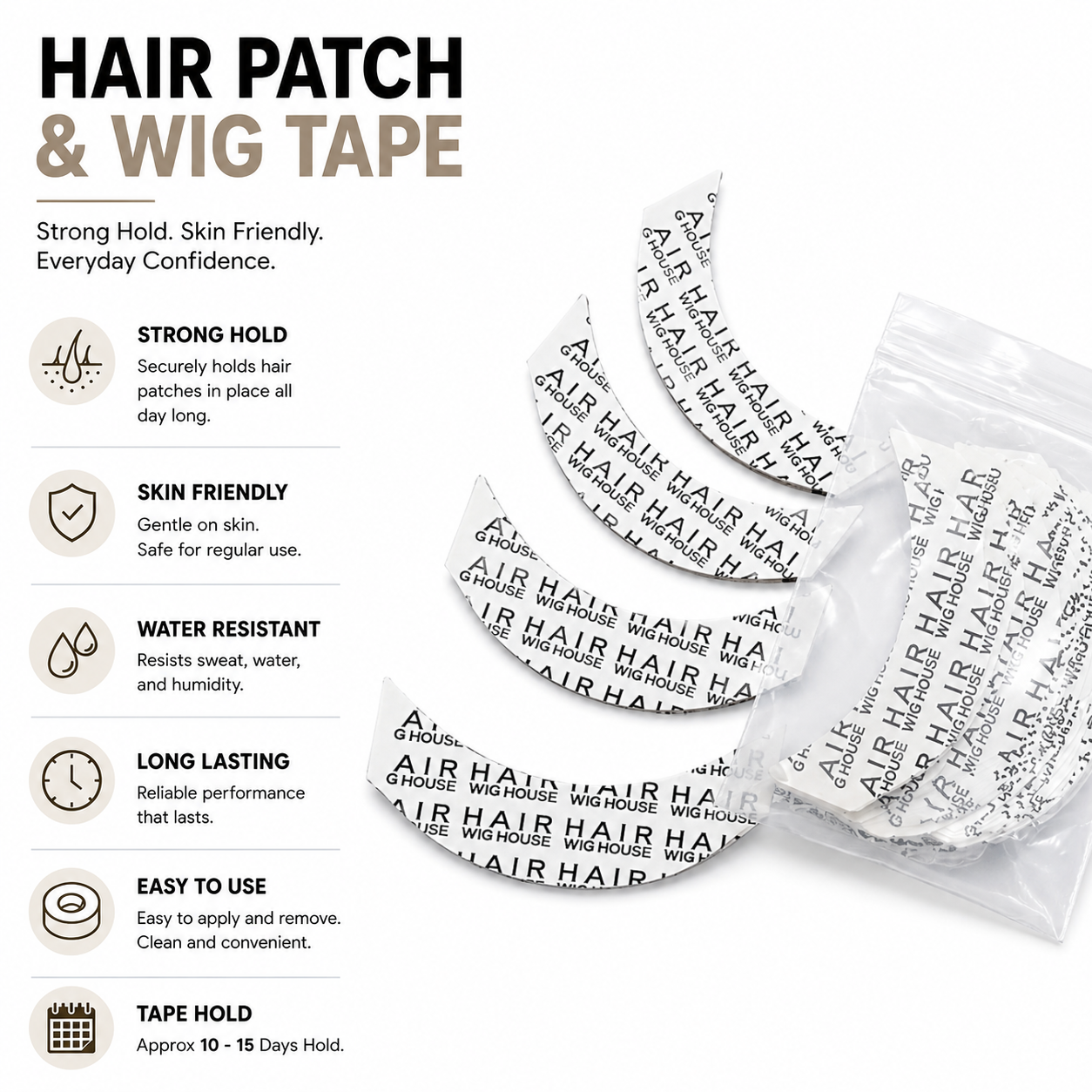No-Shine Tape Strips 36pcs For Hair Patch & Wig Tape | 10–15 Days Strong Hold | Double-Sided Adhesive | Waterproof | Skin-Friendly